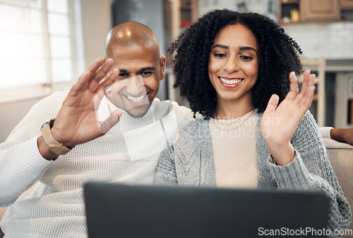 Image of Couple wave, laptop and video call, communication and happy people at home, technology and virtual chat. Internet, connection and network, man and woman relax in living room with online conversation