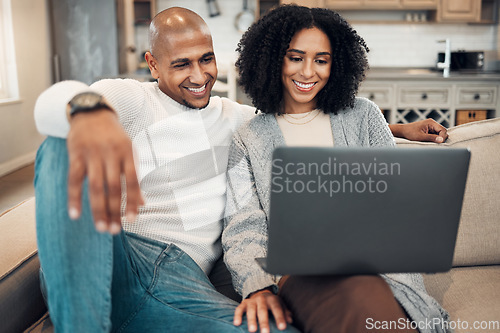 Image of Happy couple, watch video on internet with laptop and streaming with network, smile and relax in living room. Subscription, connectivity and wifi with technology, people at home together on sofa