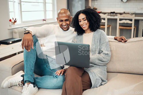 Image of Happy couple, watch movie online with laptop and streaming with network, smile and relax in living room. Subscription, internet connectivity and wifi with technology, people at home together on sofa