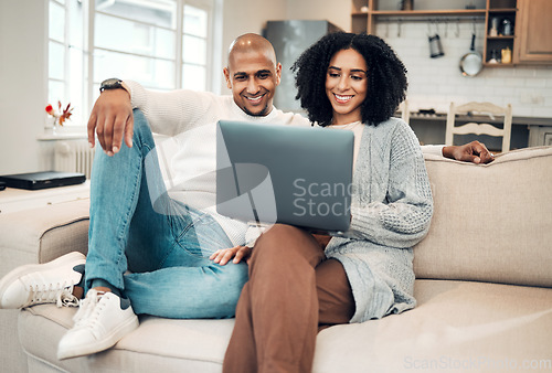 Image of Happy couple, watch film online with laptop and streaming with network, smile and relax in living room. Subscription, internet connectivity and wifi with technology, people at home together on sofa