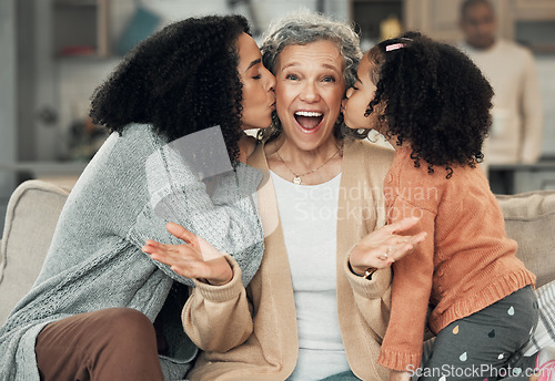 Image of Portrait, kiss and grandmother with girl and woman on a sofa, smile and happy at family home together. Kissing, face and excited senior with adult daughter and grandchild on couch, bond and joy