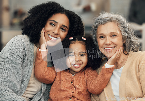Image of Family, love and portrait by girl with mother and grandmother on a sofa, happy and smile in their home. Bond, relax and face of senior woman with adult daughter and grandchild on couch on the weekend