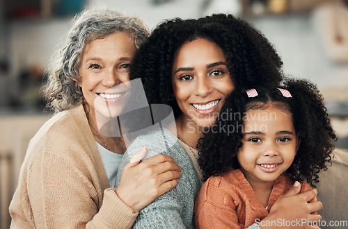 Image of Happy family, portrait and hug by girl with mother and grandmother on sofa, smile and sweet on blurred background. Face, row and generations of women relax on couch, bond and embrace in living room