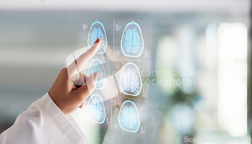 Image of Brain x ray, digital clinic results and doctor hands with report hologram about neurology work. Anatomy, xray and assessment data with a healthcare 3d info with futuristic mri test in a hospital