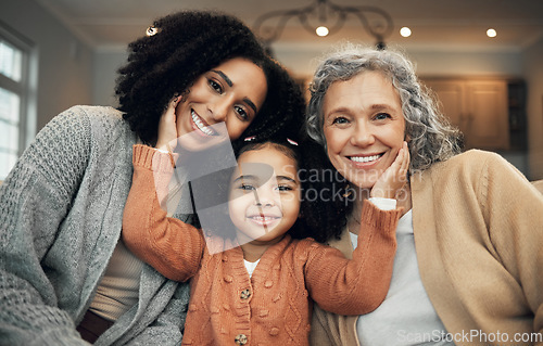 Image of Love, family and portrait by girl with mother and grandmother on a sofa, happy and smile in their home. Bond, relax and face of senior woman with adult daughter and grandchild on couch on the weekend