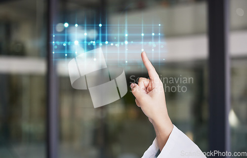 Image of Hand, heartbeat and futuristic cardiology doctor pointing to stats and analytics. Clinic, wellness and health research hologram with a hospital employee checking laboratory and medical information