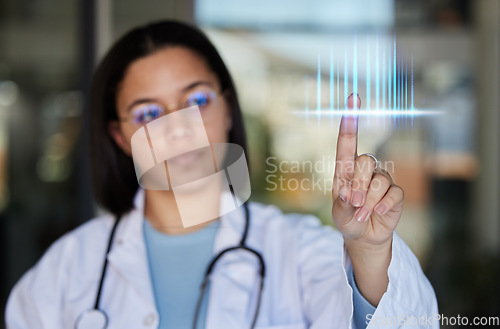 Image of Digital medical info, data overlay and woman doctor pointing to hospital analytics. Clinic, wellness and health research hologram with a female employee checking futuristic healthcare in a metaverse