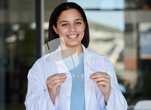 Image of Optometry, happy and portrait of a woman with glasses for vision, decision and eyecare. Smile, consulting and optometrist with eyewear for choice, frame prescription and lens for care of eyes