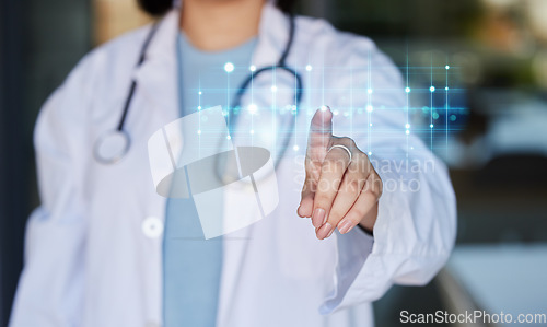 Image of Doctor hand, futuristic chart and finger of healthcare worker pointing to hospital analytics. Clinic, wellness and health research hologram with 3d metaverse graph and medical data information