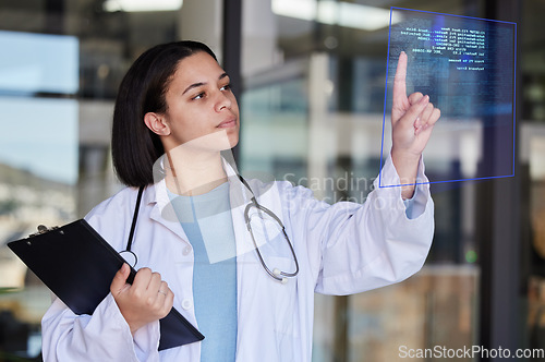 Image of Hospital coding chart, graphic and woman doctor check medical stats and healthcare analytics. Clinic, futuristic wellness and health research code hologram with employee checking 3d information
