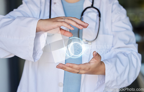 Image of Healthcare, futuristic hologram and hands of doctor with AI, 3d world and digital overlay for medical research. Hospital, insurance and woman worker online for global telehealth, data and wellness