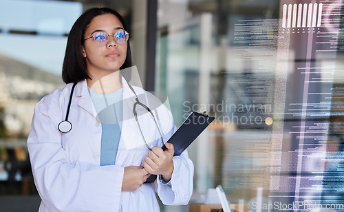 Image of Hospital code graphic, futuristic data and woman healthcare worker with lab stats and analytics. Wellness database and health research hologram with a female employee checking 3d doctor information