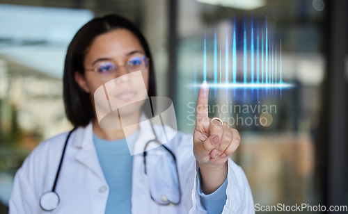 Image of Doctor hand, futuristic chart and finger of healthcare employee with hospital stats or analytics. Clinic, 3d or AI health research hologram with a worker checking lab medical information in metaverse