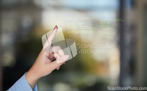 Image of Closeup, hand and finger with code, hologram and programming for futuristic planning, cyber security and software update. Zoom, hands and programmer coding, holographic or data analytics for security