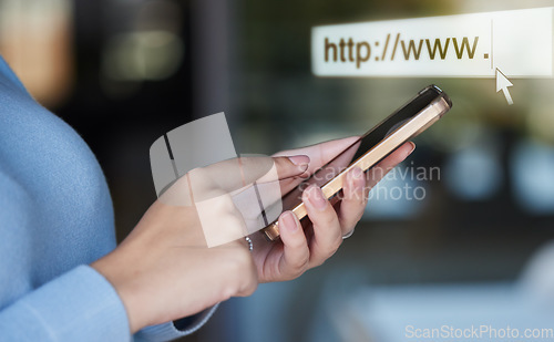 Image of Web search, internet and phone with hands of woman for url, technology and data connection. Website, text and seo with girl and typing on mobile for social media, online browser and information