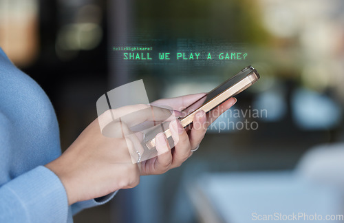 Image of Woman, hands and phone in cybersecurity, metaverse or hacked mobile device and social network. Hand of female on smartphone with hacker prompt, message or text for game or malicious software attack