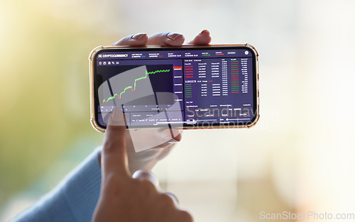 Image of Stock market, chart and phone screen in hands for crypto app, trading analysis or bitcoin website. Fintech growth, ecommerce and woman touch smartphone for financial statistics, profit and investment