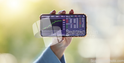 Image of Stock market screen, chart and hand with phone for crypto, trading analysis and bitcoin website. Fintech mockup, ecommerce and woman on smartphone for financial statistics, profit data and investment