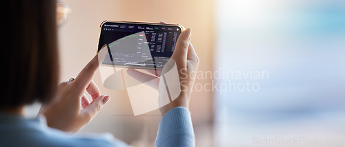 Image of Stock market, fintech chart and phone in hands of woman for crypto, trading analysis and bitcoin screen. Finance growth, ecommerce and girl on smartphone for financial statistics, profit and invest