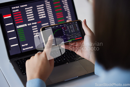 Image of Stock trading chart, laptop and phone in hands of woman for crypto, data analysis and bitcoin screen. Fintech growth, ecommerce and girl on technology for financial statistics, profit and investment