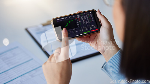 Image of Stock market chart, trading and phone in hands of woman for crypto, finance analysis and bitcoin screen. Fintech app, ecommerce and girl on smartphone for financial statistics, profit and investment