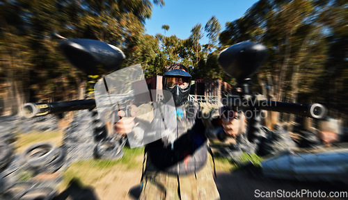 Image of Man, paintball and dual wield gun for rapid fire, intense battle or war in the forest pushing to attack. Active army soldier holding guns for fast firing in extreme adrenaline sport competition