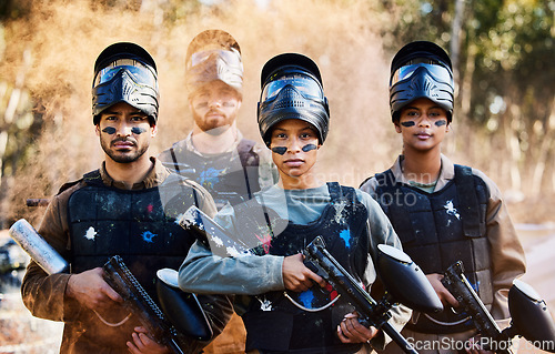 Image of Team, paintball and portrait of army ready for battle, war or intense combat in extreme adrenaline sports. Group of people standing with guns in teamwork preparation for mission or sport match