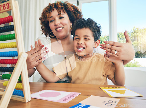 Image of Abacus, math and education with mother with son study for home schooling, kindergarten and tutor. Teaching, child development and lesson with black woman and kid for homework, learning or creative