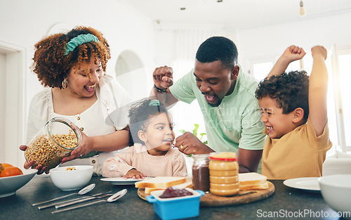 Image of Breakfast food, happy family and celebration with mother, dad and kids helping in the kitchen. Home, cereal and mama cooking with children and father smile together with happiness in morning