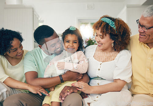 Image of Black family, portrait and living room sofa with grandparents, parent love and care in home. Lounge, happiness and kids with mom and dad together feeling happy with a hug on couch with mama and dad