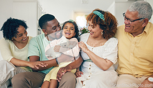 Image of Black family, laugh and living room couch with bonding, parent love and care in home. Lounge, happiness and children with mom and dad together feeling happy with a hug on a sofa with mama and dad