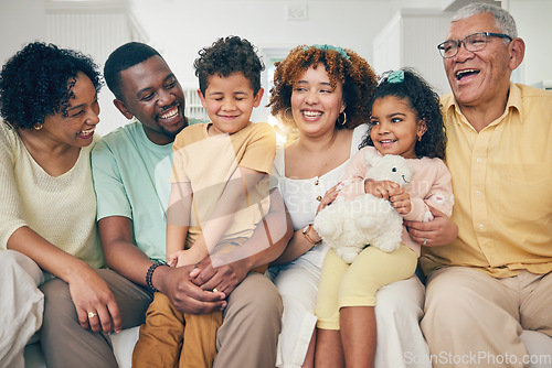 Image of Black family, kids and living room sofa with bonding, parent love and care in home. Lounge, happiness and children with mom and dad together feeling happy with a hug on a couch with mama and father