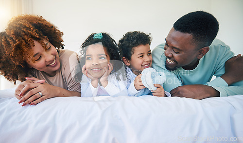 Image of Family, happiness and parents with children and love, relax at home and spending time together with bonding and care. Happy people, mom and dad with kids, diversity and smile, unity and relationship