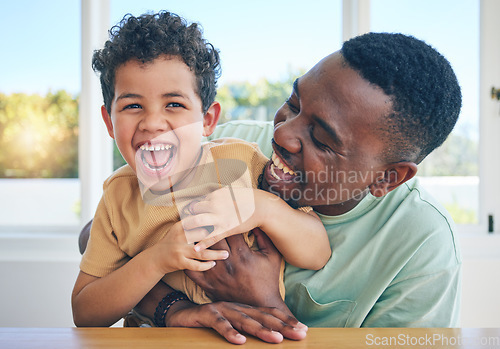 Image of Father, laugh and black man tickle son, have fun and enjoy happy quality time together in Jamaica home. Family bonding, child love and playing African people, youth kid or papa tickling laughing boy