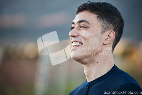 Image of Profile, face and happy with man in outdoor for confidence, satisfaction and natural. Smile, happiness and joy with side view of young male and enjoy nature park for modern, cheerful and carefree