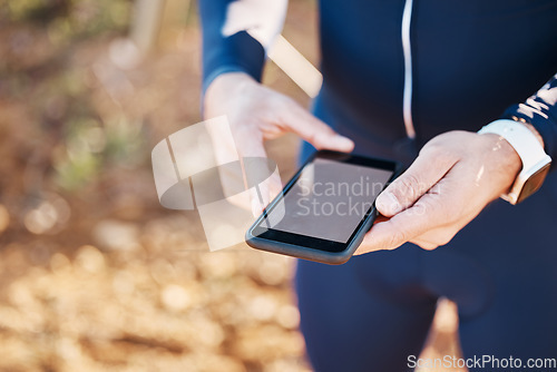 Image of 5g, phone screen and nature, hands of man at rest stop in countryside looking at direction or map information online. Mobile, fitness app and smartphone, cyclist on internet search for gps location.