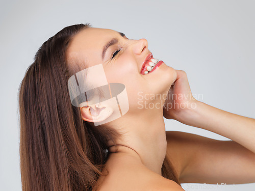 Image of Hair, beauty and profile of woman with smile on white background for wellness, skincare and spa treatment. Salon aesthetic, hairdresser and face of happy girl with cosmetics, makeup and haircare