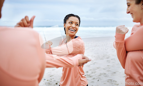 Image of Volleyball, smile and women stretching on beach excited to play match, competition and sports game. Teamwork, fitness and happy female players stretch arms for warm up practice, training and exercise
