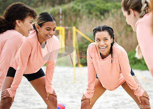 Image of Volleyball circle, sport women and smile on the beach before game, fitness and team training. Workout, exercise happiness and teamwork of young people planning together for sports and athlete match