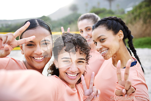 Image of Selfie portrait, volleyball and women with peace sign on beach for sports game, match and competition. Friends, teamwork and happy girl athletes smile in picture for training, practice and fitness