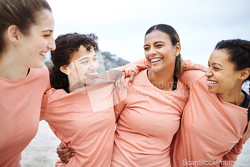 Image of Friends, cheerful women and beach with hug for comic laugh, happy team and motivation for smile, support and diversity. Gen z athlete group, embrace and funny with solidarity, exercise and wellness