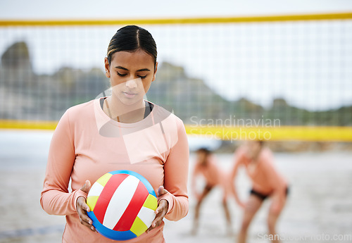 Image of Beach volleyball, focus or sports girl in training playing a game or cardio fitness workout in summer. Thinking and active woman on sand ready for a fun competitive match in Brazil, Sao Paulo