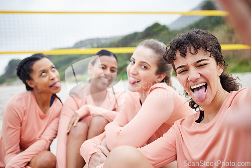 Image of Volleyball woman team, beach selfie or funny face in portrait for smile, support or diversity for sport. Comic athlete women, social media or silly profile picture for solidarity, fitness or wellness