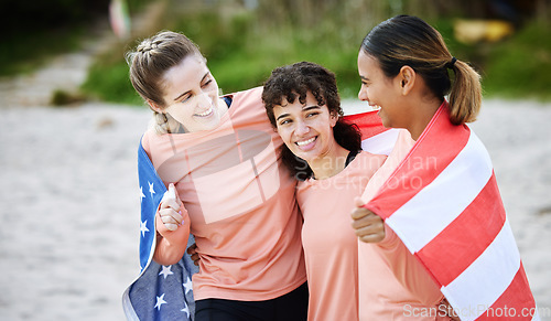 Image of Friends, flag and usa with girls on the beach together during summer day for bonding in nature. Team, patriot and diversity with american people outdoor on the sand by the coast for a vacation