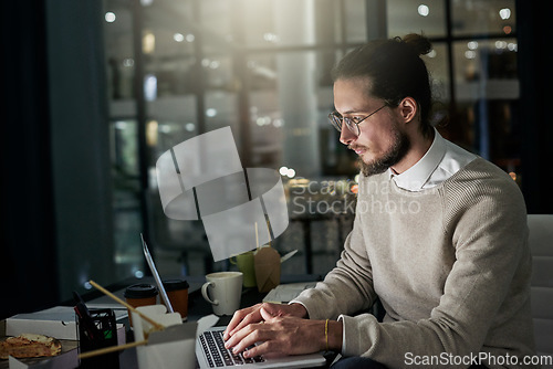 Image of Night working, business man and computer typing of company employee in a office. Technology, web design project and digital planning of a worker busy on a website glitch fix in the dark writing code