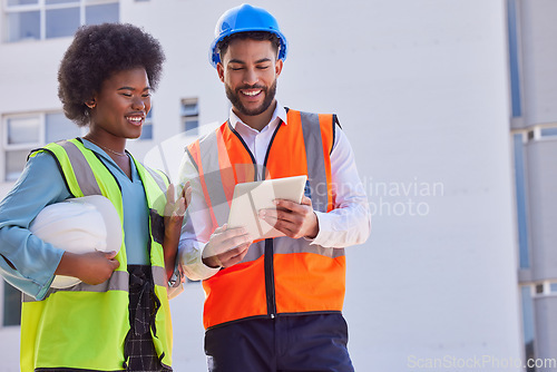 Image of Engineering, tablet and teamwork with people on construction site for inspection, planning or project management. Architecture, buildings and designer with man and black woman in city for development