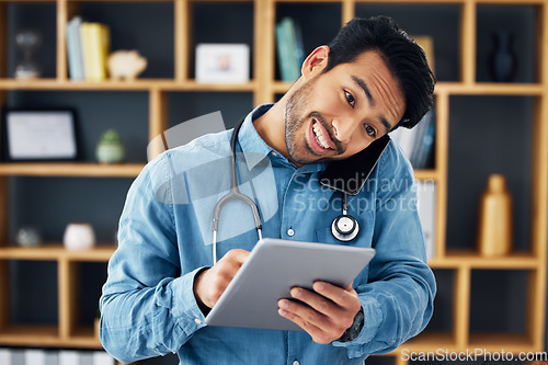 Image of Phone call, tablet and telehealth by doctor using technology for medical communication or consulting online. Digital, smile and man healthcare professional typing and talking on mobile conversation