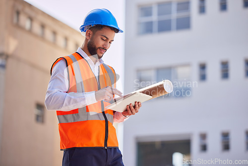 Image of Tablet, outdoor and engineering man, construction worker or building contractor with urban design planning on software. Architecture, city and builder on digital technology with blueprint management