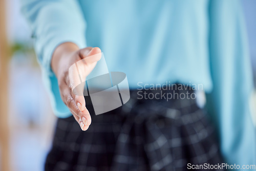 Image of Hands, welcome and handshake closeup by hr woman in office for interview, business meeting or recruitment. Zoom, b2b and female with shaking hands emoji for crm, consulting or integration partnership