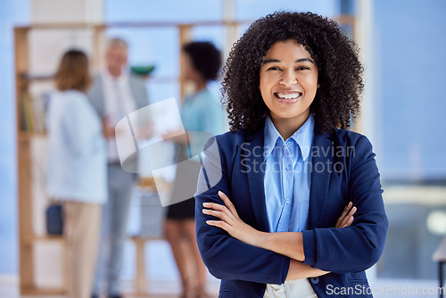 Image of Proud portrait of business woman in office for workplace, employees or career management in Human Resources. Face of happy corporate or professional biracial person with hr mindset and integrity